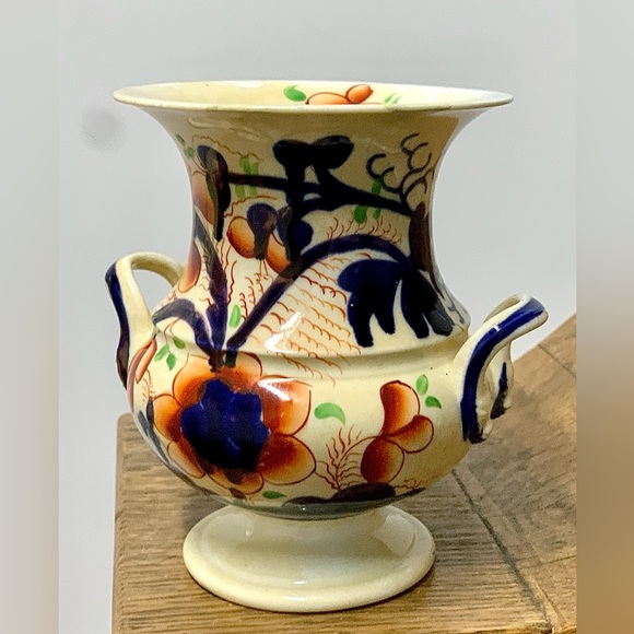 c. 1830 Vtg Gaudy Welsh Pansy Pattern Hand Painted Snake Head Handled Vase - Picture 8 of 16